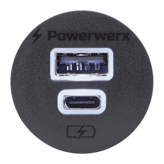 Powerwerx Panel Mount Combination USB QC3.0 and USB Type-C QC4.0 75W Fast Device Charger
